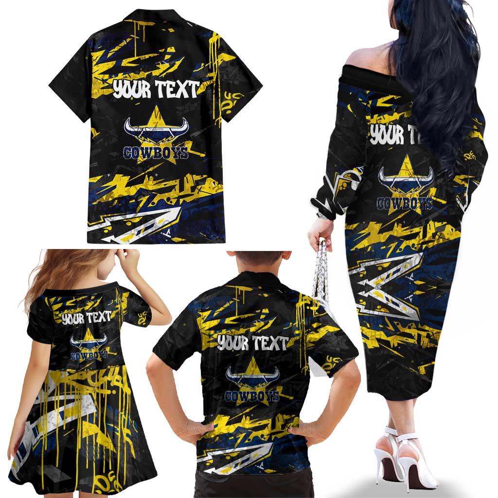 Personalized North Queensland Cowboys Family Matching Off The Shoulder Long Sleeve Dress and Hawaiian Shirt Graffiti Grunge Abstract Urban Street Style Design