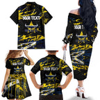 Personalized North Queensland Cowboys Family Matching Off The Shoulder Long Sleeve Dress and Hawaiian Shirt Graffiti Grunge Abstract Urban Street Style Design
