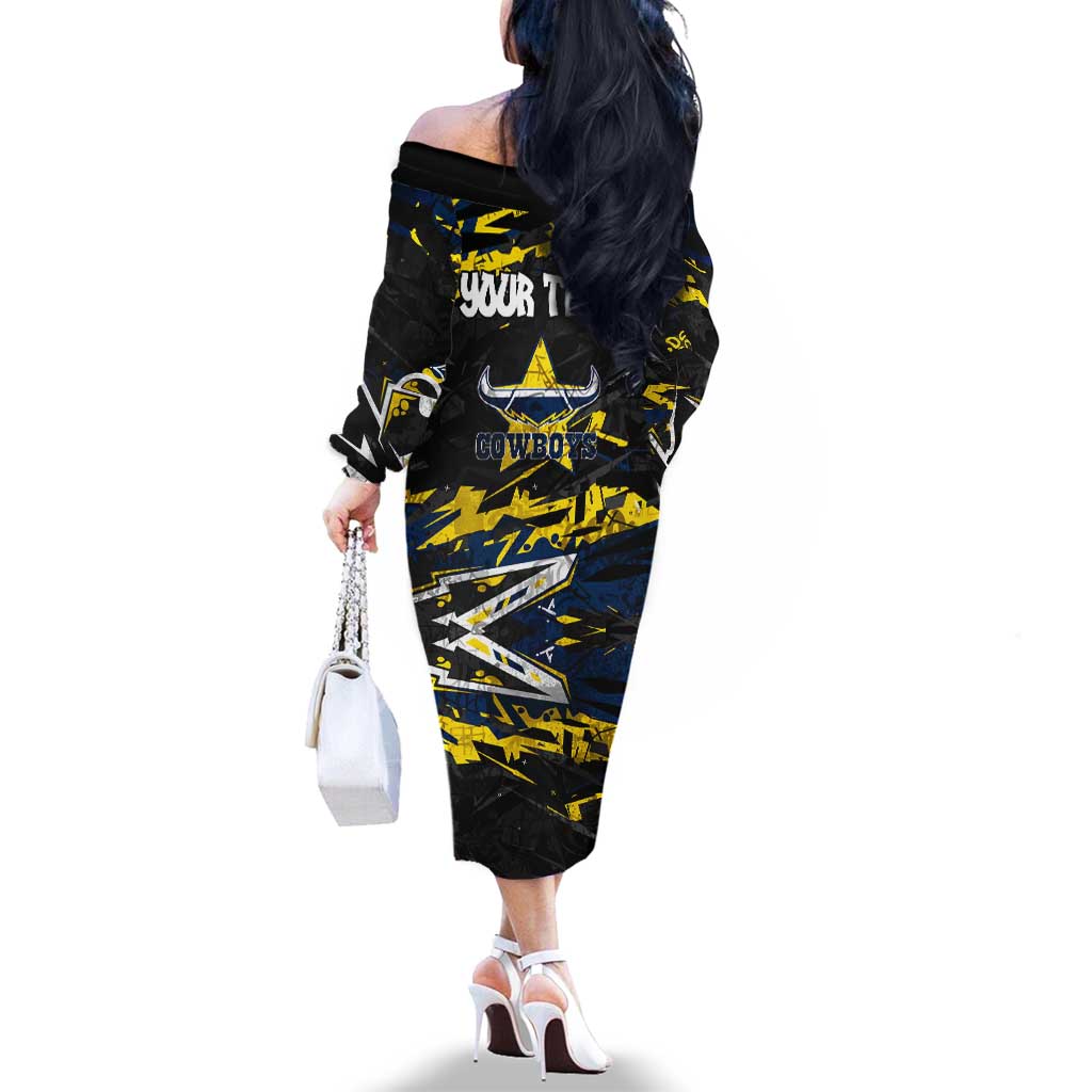 Personalized North Queensland Cowboys Family Matching Off The Shoulder Long Sleeve Dress and Hawaiian Shirt Graffiti Grunge Abstract Urban Street Style Design