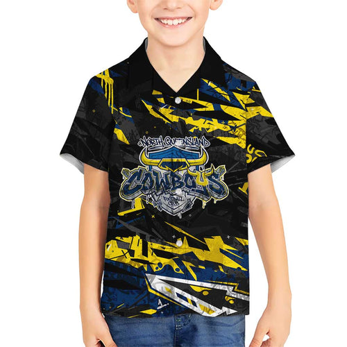 Personalized North Queensland Cowboys Family Matching Off The Shoulder Long Sleeve Dress and Hawaiian Shirt Graffiti Grunge Abstract Urban Street Style Design