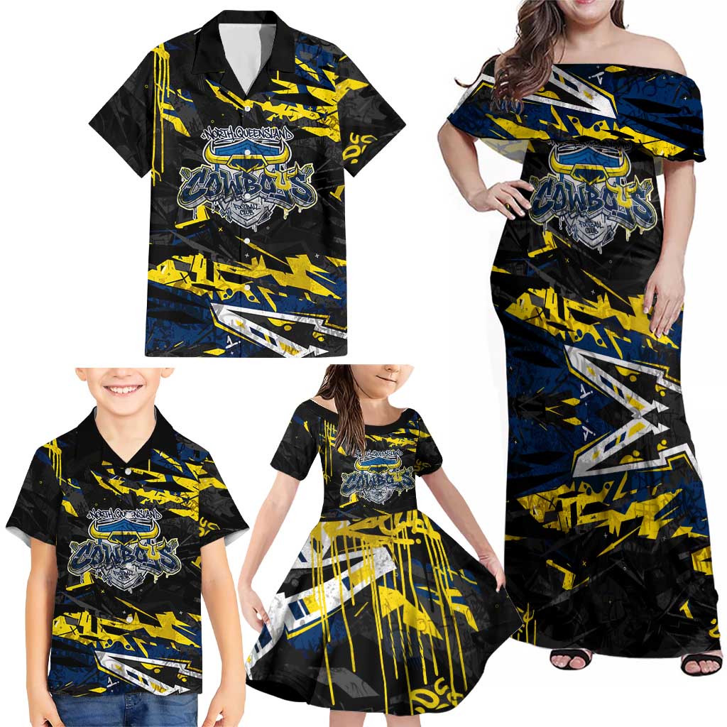 Personalized North Queensland Cowboys Family Matching Off Shoulder Maxi Dress and Hawaiian Shirt Graffiti Grunge Abstract Urban Street Style Design