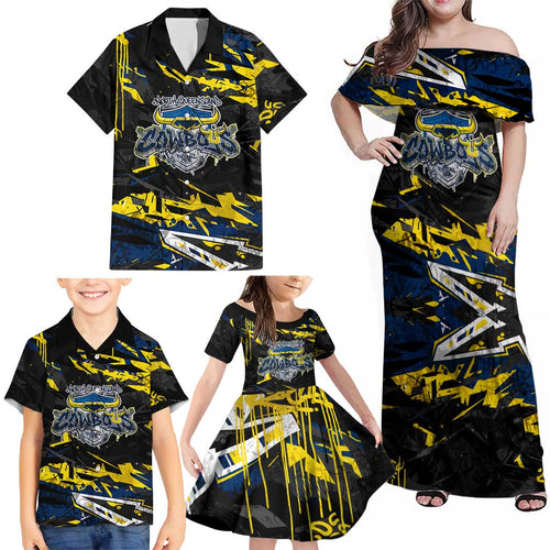 Personalized North Queensland Cowboys Family Matching Off Shoulder Maxi Dress and Hawaiian Shirt Graffiti Grunge Abstract Urban Street Style Design
