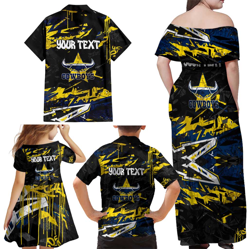 Personalized North Queensland Cowboys Family Matching Off Shoulder Maxi Dress and Hawaiian Shirt Graffiti Grunge Abstract Urban Street Style Design