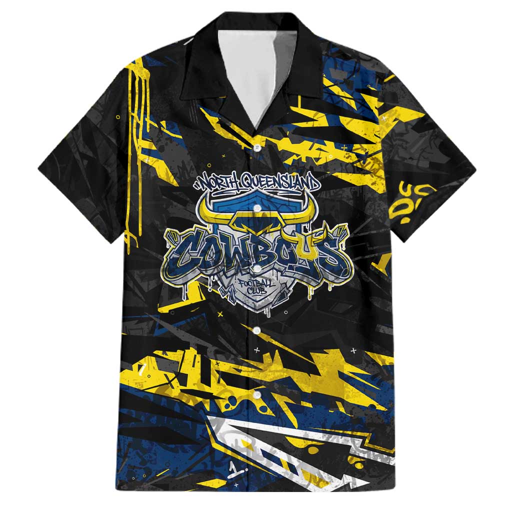 Personalized North Queensland Cowboys Family Matching Off Shoulder Maxi Dress and Hawaiian Shirt Graffiti Grunge Abstract Urban Street Style Design