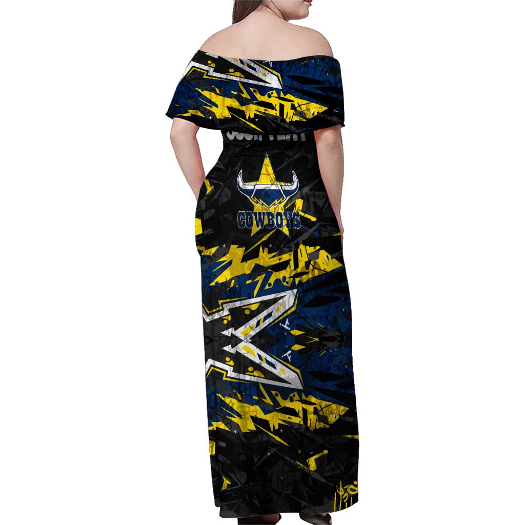 Personalized North Queensland Cowboys Family Matching Off Shoulder Maxi Dress and Hawaiian Shirt Graffiti Grunge Abstract Urban Street Style Design