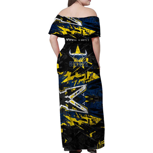 Personalized North Queensland Cowboys Family Matching Off Shoulder Maxi Dress and Hawaiian Shirt Graffiti Grunge Abstract Urban Street Style Design