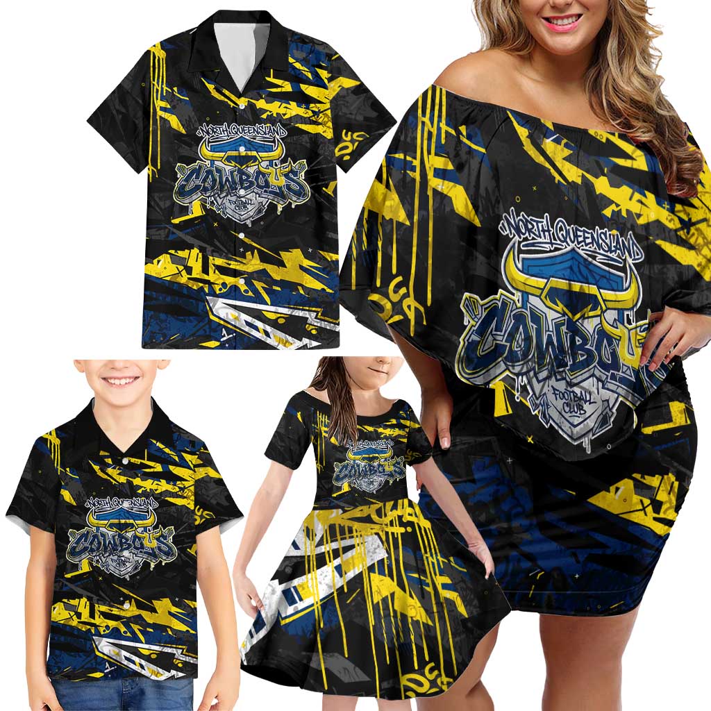 Personalized North Queensland Cowboys Family Matching Off Shoulder Short Dress and Hawaiian Shirt Graffiti Grunge Abstract Urban Street Style Design
