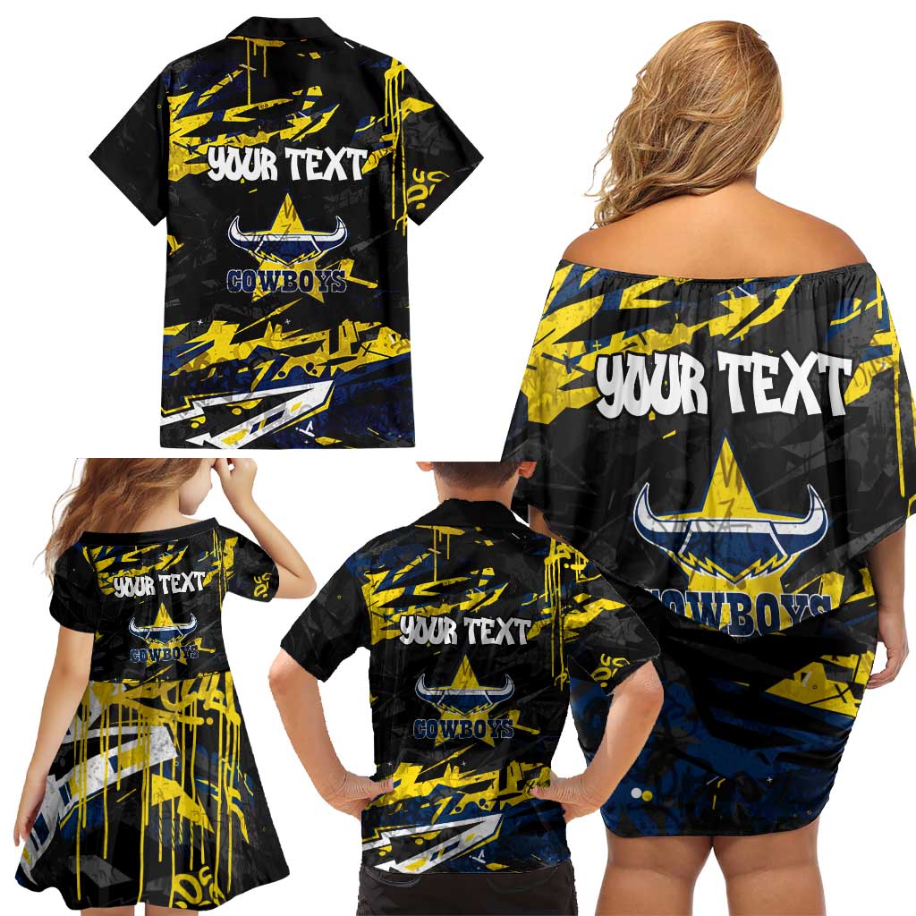 Personalized North Queensland Cowboys Family Matching Off Shoulder Short Dress and Hawaiian Shirt Graffiti Grunge Abstract Urban Street Style Design