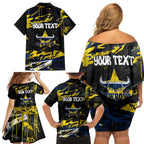 Personalized North Queensland Cowboys Family Matching Off Shoulder Short Dress and Hawaiian Shirt Graffiti Grunge Abstract Urban Street Style Design