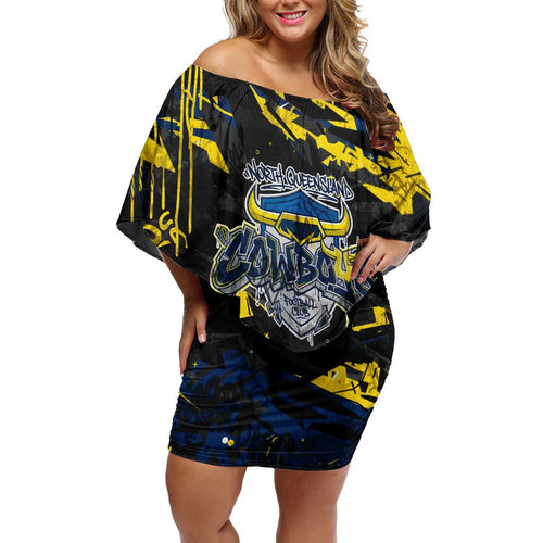 Personalized North Queensland Cowboys Family Matching Off Shoulder Short Dress and Hawaiian Shirt Graffiti Grunge Abstract Urban Street Style Design