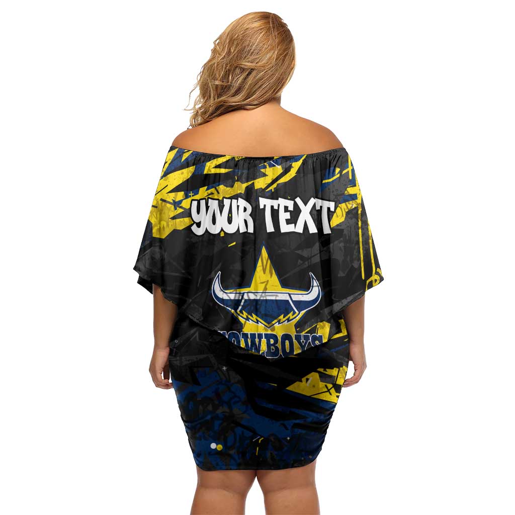 Personalized North Queensland Cowboys Family Matching Off Shoulder Short Dress and Hawaiian Shirt Graffiti Grunge Abstract Urban Street Style Design