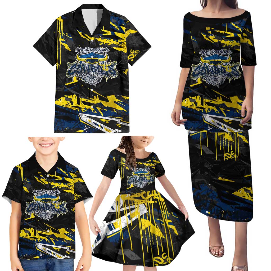 Personalized North Queensland Cowboys Family Matching Puletasi and Hawaiian Shirt Graffiti Grunge Abstract Urban Street Style Design