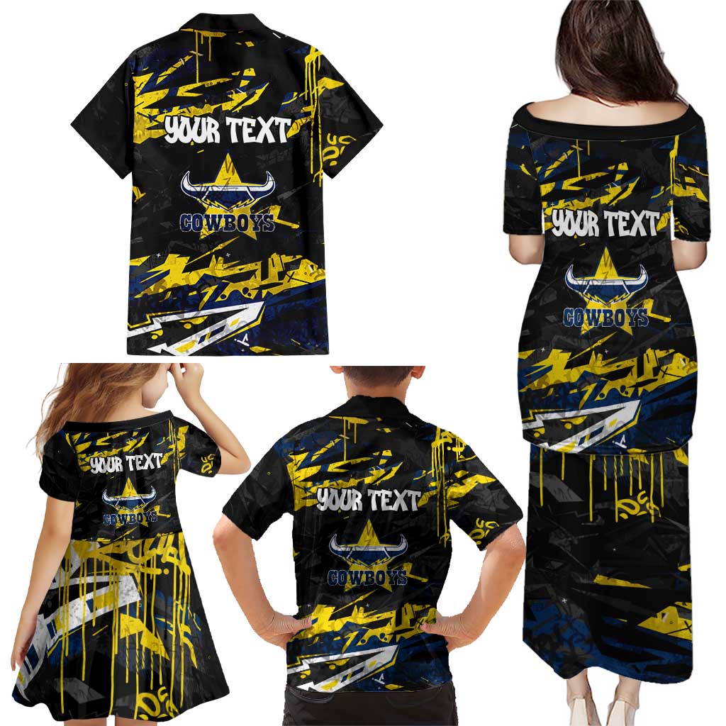 Personalized North Queensland Cowboys Family Matching Puletasi and Hawaiian Shirt Graffiti Grunge Abstract Urban Street Style Design