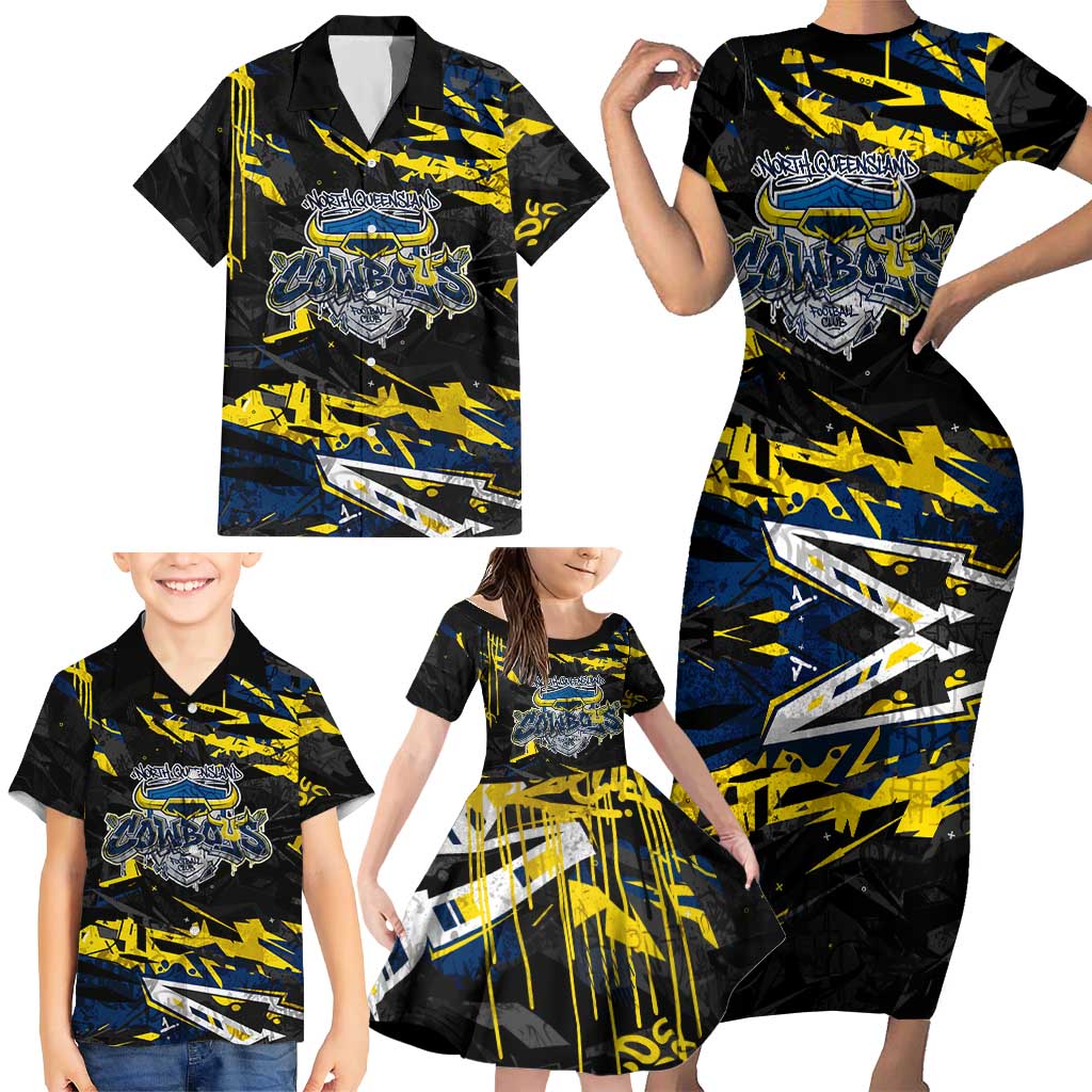 Personalized North Queensland Cowboys Family Matching Short Sleeve Bodycon Dress and Hawaiian Shirt Graffiti Grunge Abstract Urban Street Style Design