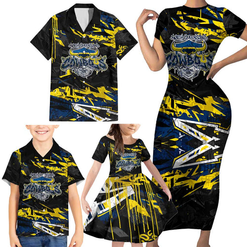 Personalized North Queensland Cowboys Family Matching Short Sleeve Bodycon Dress and Hawaiian Shirt Graffiti Grunge Abstract Urban Street Style Design