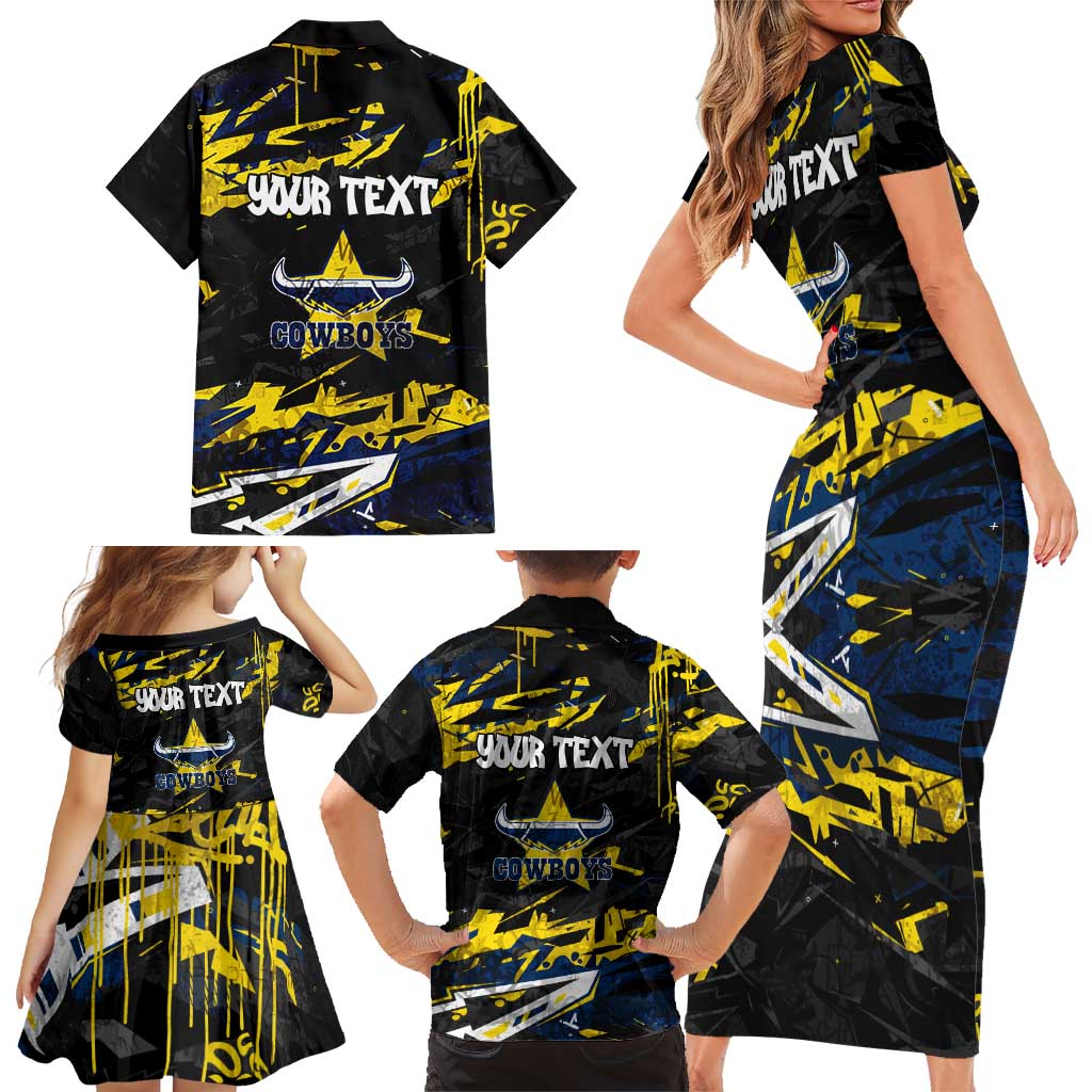 Personalized North Queensland Cowboys Family Matching Short Sleeve Bodycon Dress and Hawaiian Shirt Graffiti Grunge Abstract Urban Street Style Design