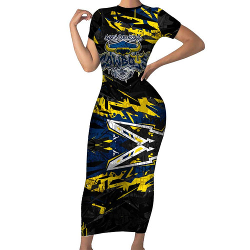 Personalized North Queensland Cowboys Family Matching Short Sleeve Bodycon Dress and Hawaiian Shirt Graffiti Grunge Abstract Urban Street Style Design