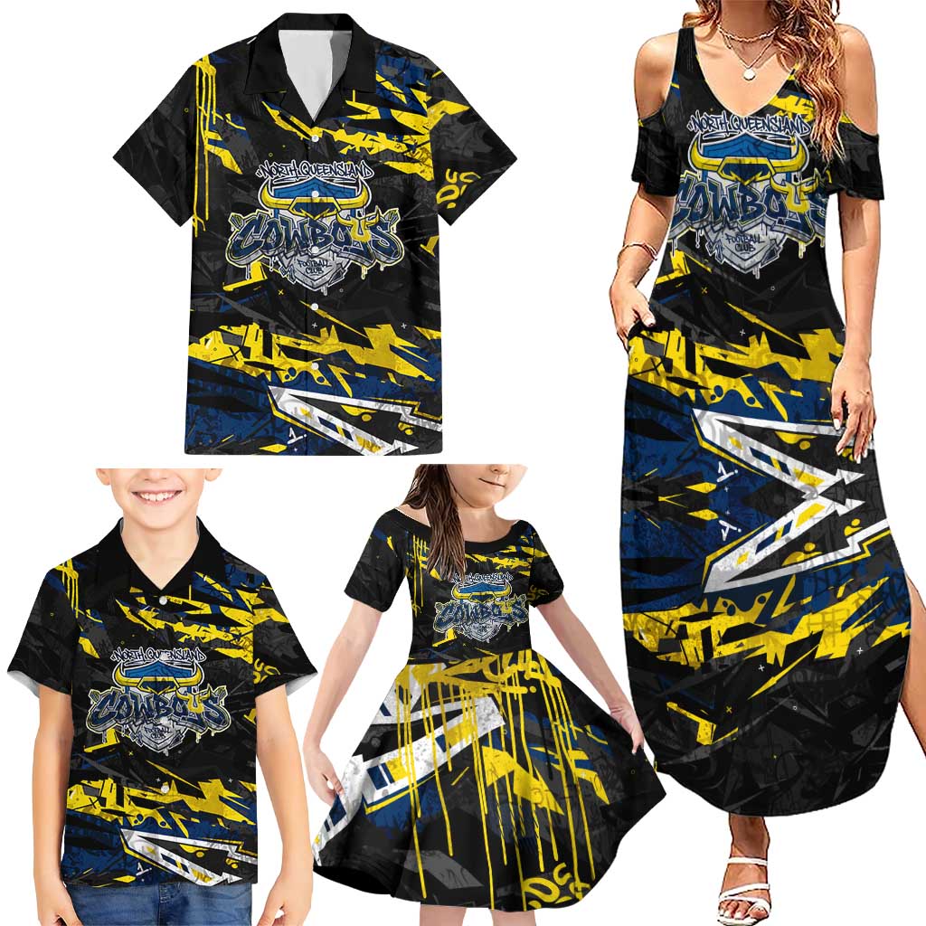 Personalized North Queensland Cowboys Family Matching Summer Maxi Dress and Hawaiian Shirt Graffiti Grunge Abstract Urban Street Style Design