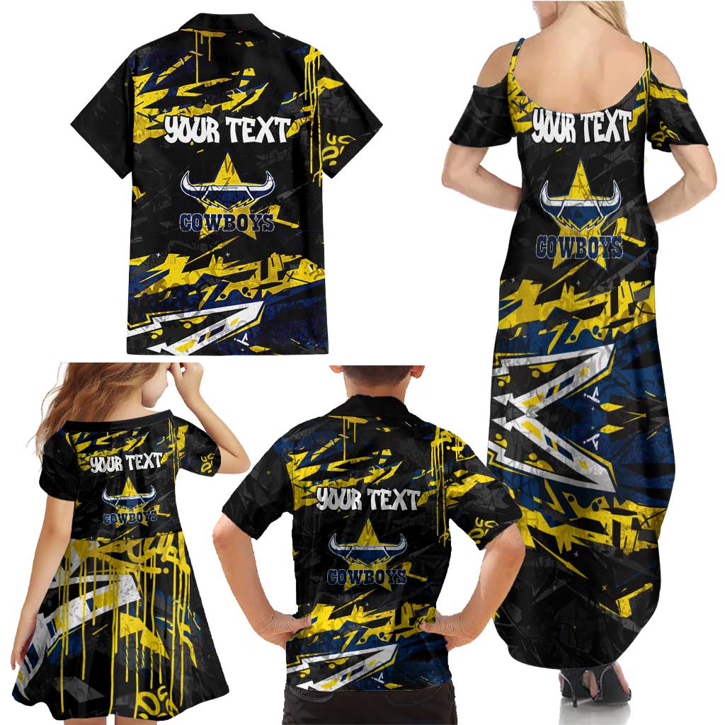 Personalized North Queensland Cowboys Family Matching Summer Maxi Dress and Hawaiian Shirt Graffiti Grunge Abstract Urban Street Style Design