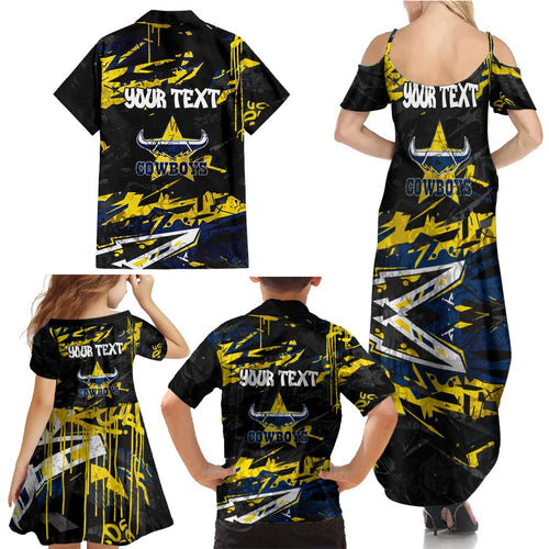 Personalized North Queensland Cowboys Family Matching Summer Maxi Dress and Hawaiian Shirt Graffiti Grunge Abstract Urban Street Style Design