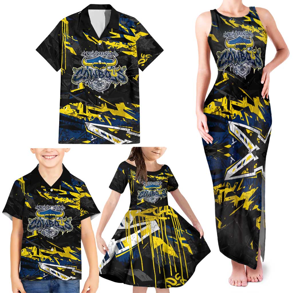 Personalized North Queensland Cowboys Family Matching Tank Maxi Dress and Hawaiian Shirt Graffiti Grunge Abstract Urban Street Style Design