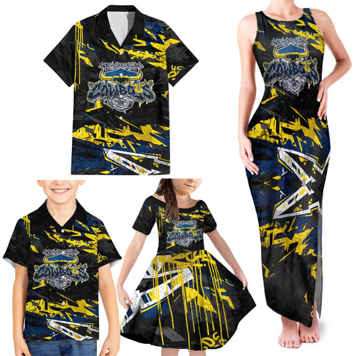 Personalized North Queensland Cowboys Family Matching Tank Maxi Dress and Hawaiian Shirt Graffiti Grunge Abstract Urban Street Style Design