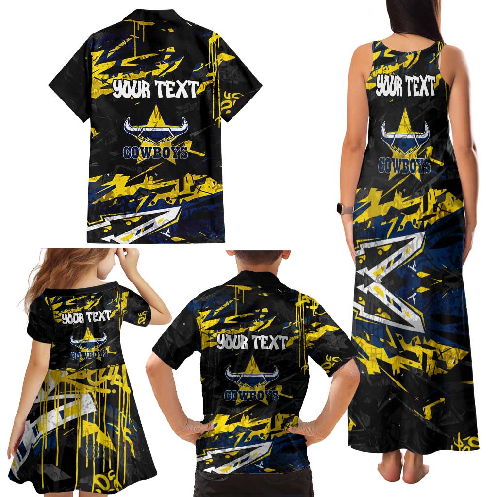 Personalized North Queensland Cowboys Family Matching Tank Maxi Dress and Hawaiian Shirt Graffiti Grunge Abstract Urban Street Style Design