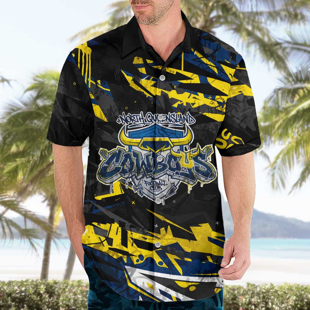 Personalized North Queensland Cowboys Hawaiian Shirt Graffiti Grunge Abstract Urban Street Style Design