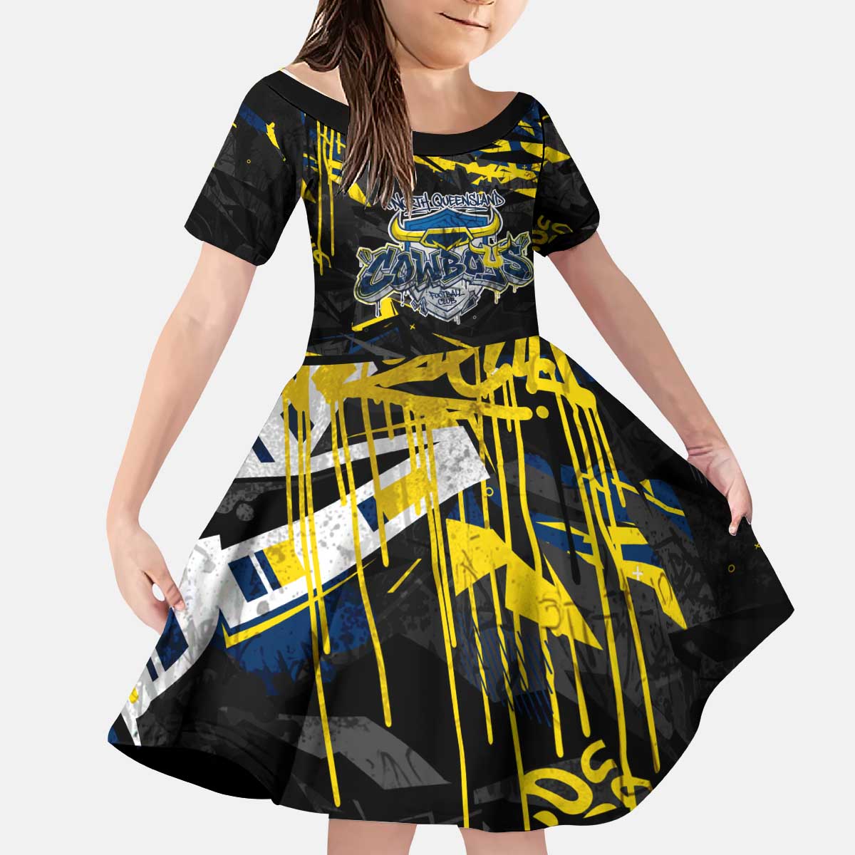 Personalized North Queensland Cowboys Kid Short Sleeve Dress Graffiti Grunge Abstract Urban Street Style Design