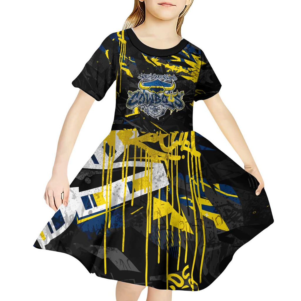 Personalized North Queensland Cowboys Kid Short Sleeve Dress Graffiti Grunge Abstract Urban Street Style Design
