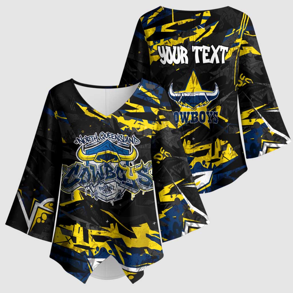 Personalized North Queensland Cowboys Kimono Sleeve Blouse Graffiti Grunge Abstract Urban Street Style Design