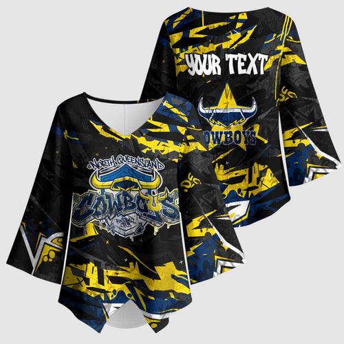 Personalized North Queensland Cowboys Kimono Sleeve Blouse Graffiti Grunge Abstract Urban Street Style Design