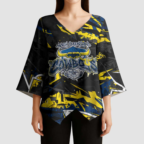 Personalized North Queensland Cowboys Kimono Sleeve Blouse Graffiti Grunge Abstract Urban Street Style Design