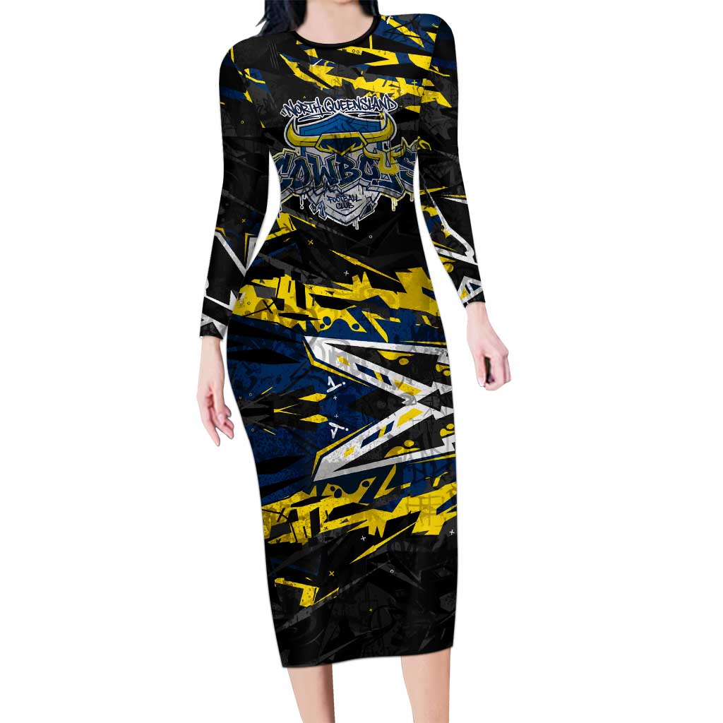 Personalized North Queensland Cowboys Long Sleeve Bodycon Dress Graffiti Grunge Abstract Urban Street Style Design