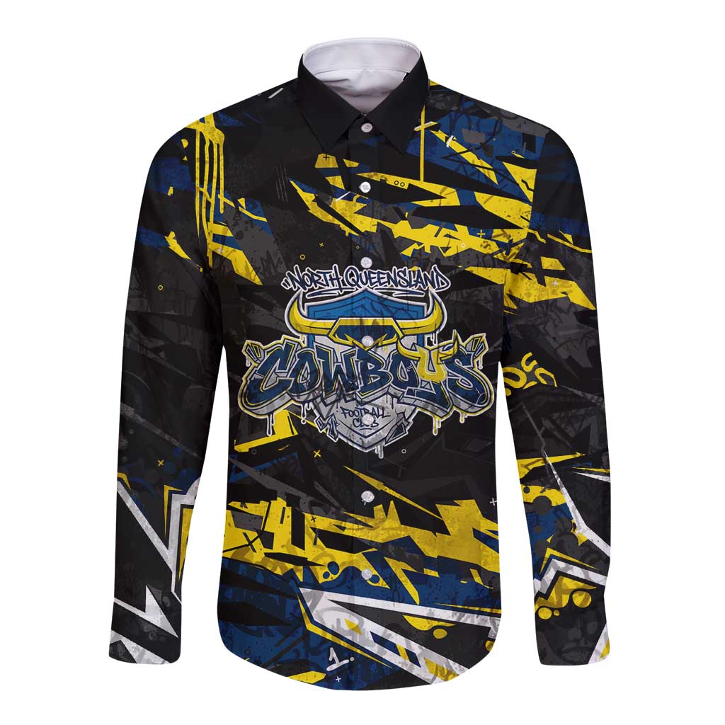 Personalized North Queensland Cowboys Long Sleeve Button Shirt Graffiti Grunge Abstract Urban Street Style Design