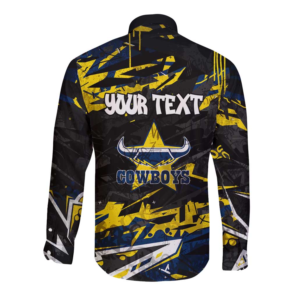Personalized North Queensland Cowboys Long Sleeve Button Shirt Graffiti Grunge Abstract Urban Street Style Design