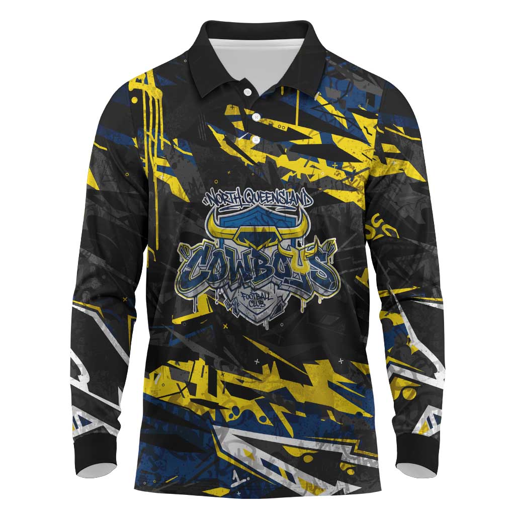 Personalized North Queensland Cowboys Long Sleeve Polo Shirt Graffiti Grunge Abstract Urban Street Style Design