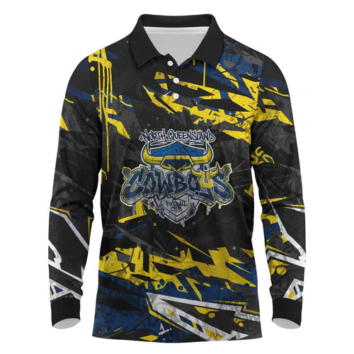 Personalized North Queensland Cowboys Long Sleeve Polo Shirt Graffiti Grunge Abstract Urban Street Style Design
