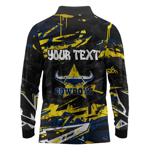 Personalized North Queensland Cowboys Long Sleeve Polo Shirt Graffiti Grunge Abstract Urban Street Style Design