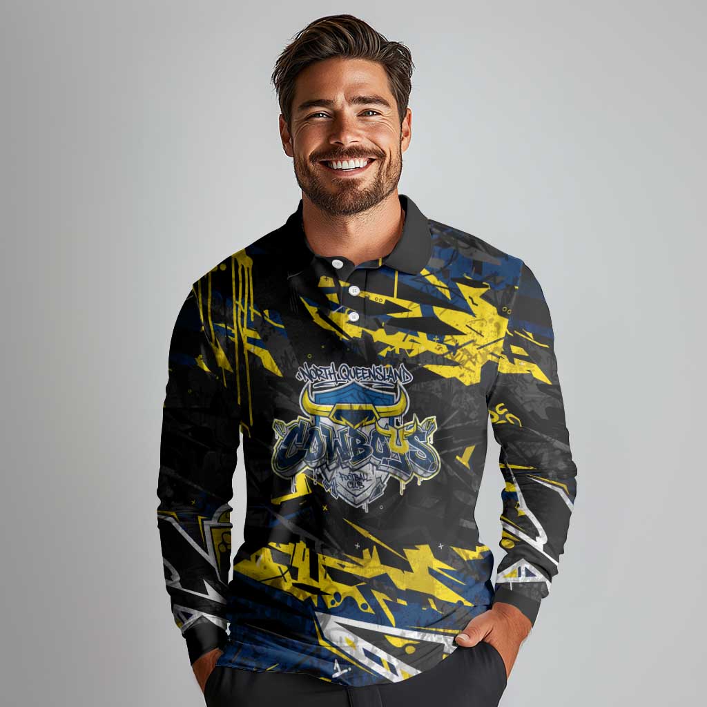 Personalized North Queensland Cowboys Long Sleeve Polo Shirt Graffiti Grunge Abstract Urban Street Style Design