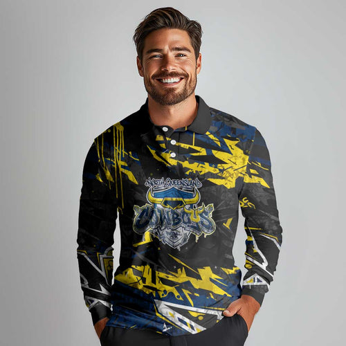 Personalized North Queensland Cowboys Long Sleeve Polo Shirt Graffiti Grunge Abstract Urban Street Style Design