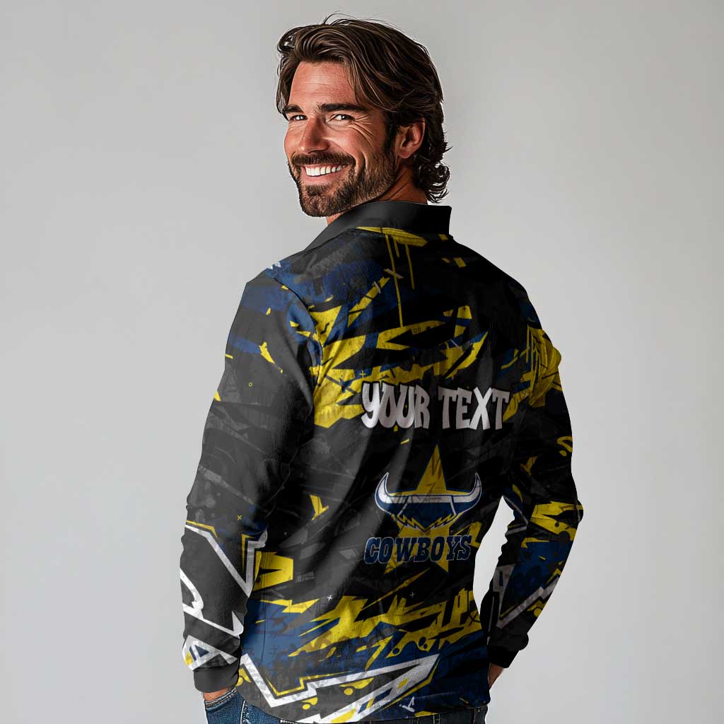 Personalized North Queensland Cowboys Long Sleeve Polo Shirt Graffiti Grunge Abstract Urban Street Style Design