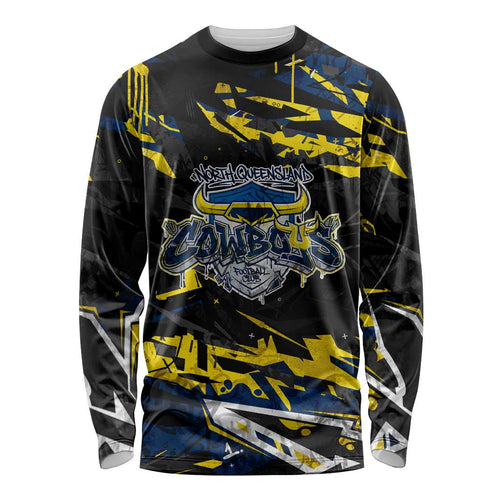 Personalized North Queensland Cowboys Long Sleeve Shirt Graffiti Grunge Abstract Urban Street Style Design