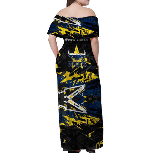 Personalized North Queensland Cowboys Off Shoulder Maxi Dress Graffiti Grunge Abstract Urban Street Style Design