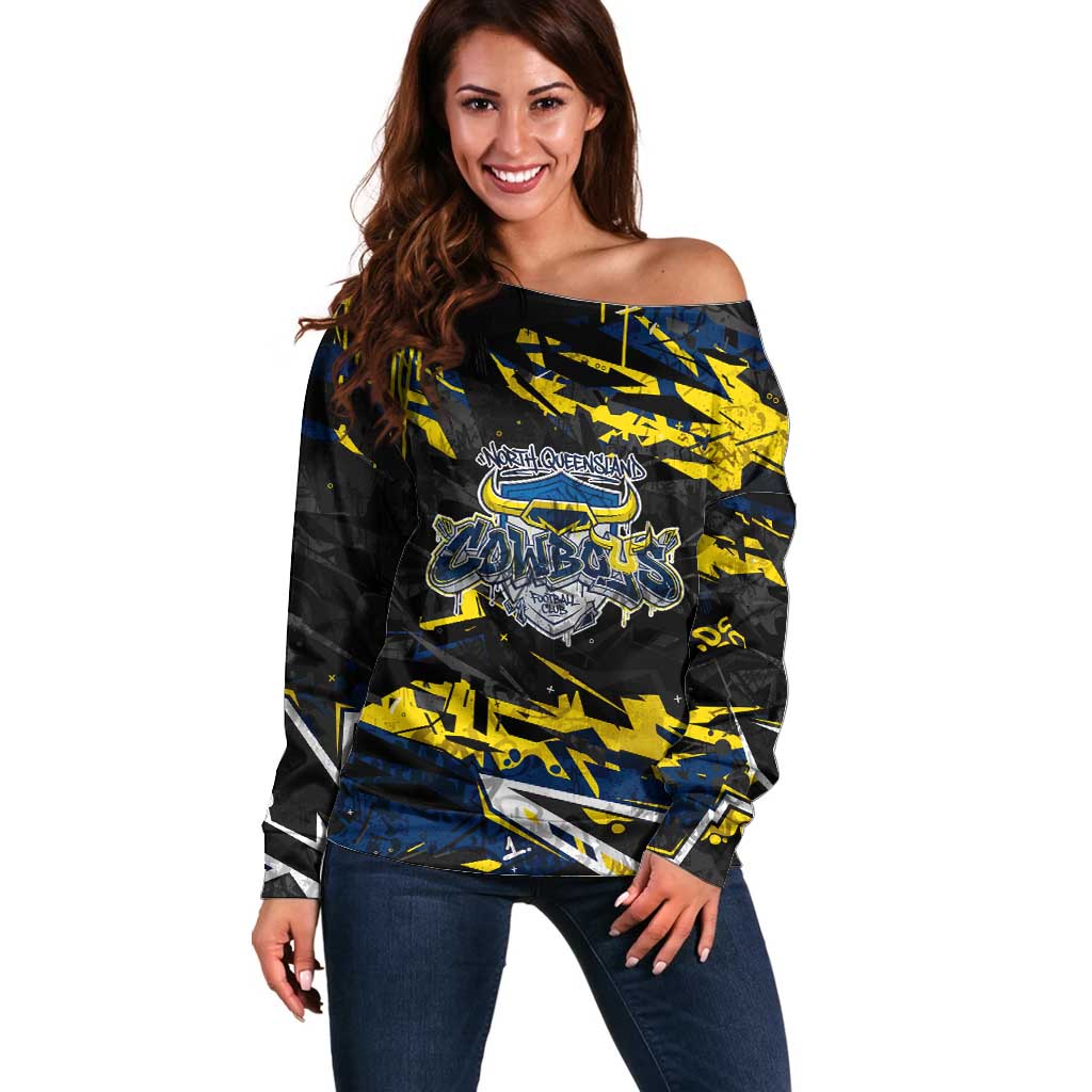 Personalized North Queensland Cowboys Off Shoulder Sweater Graffiti Grunge Abstract Urban Street Style Design