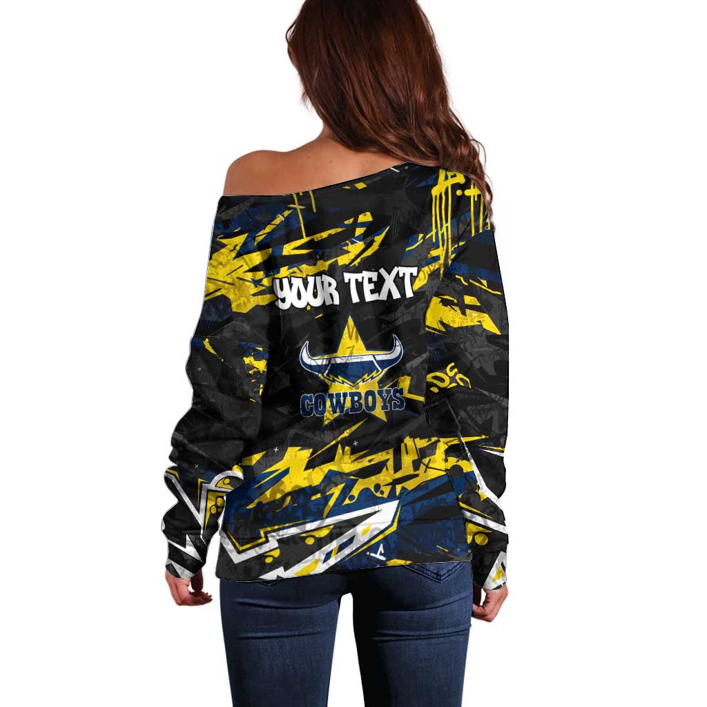 Personalized North Queensland Cowboys Off Shoulder Sweater Graffiti Grunge Abstract Urban Street Style Design