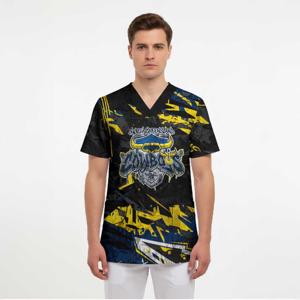 Personalized North Queensland Cowboys Scrub Top Graffiti Grunge Abstract Urban Street Style Design