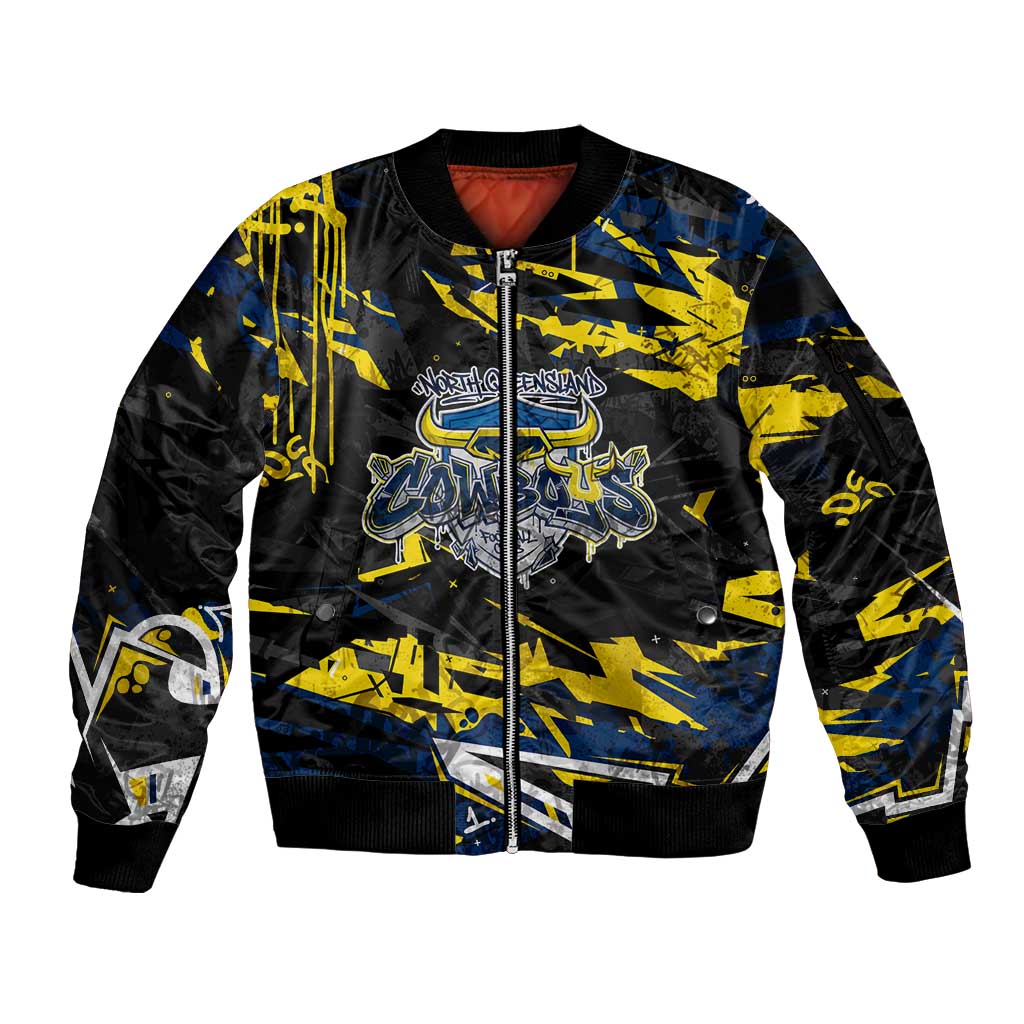 Personalized North Queensland Cowboys Sleeve Zip Bomber Jacket Graffiti Grunge Abstract Urban Street Style Design