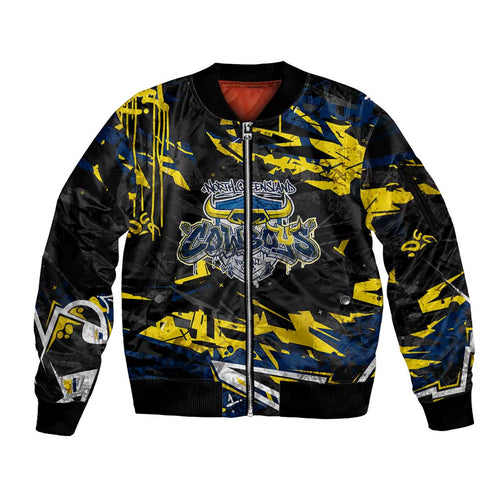 Personalized North Queensland Cowboys Sleeve Zip Bomber Jacket Graffiti Grunge Abstract Urban Street Style Design