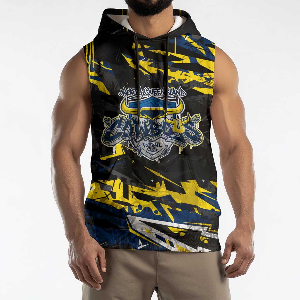 Personalized North Queensland Cowboys Sleeveless Hoodie Graffiti Grunge Abstract Urban Street Style Design